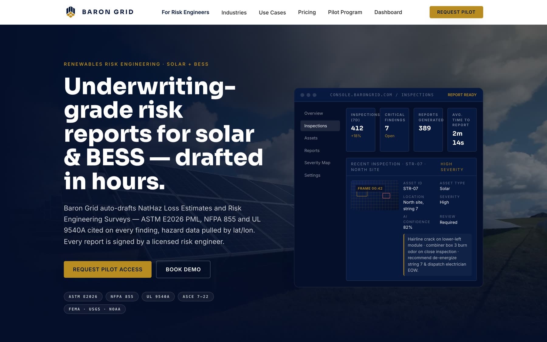 Baron Grid homepage on desktop: a dark navy hero over a solar array, with the headline 'Underwriting-grade risk reports for solar & BESS, drafted in hours' beside a product console showing inspection counts and a flagged finding.