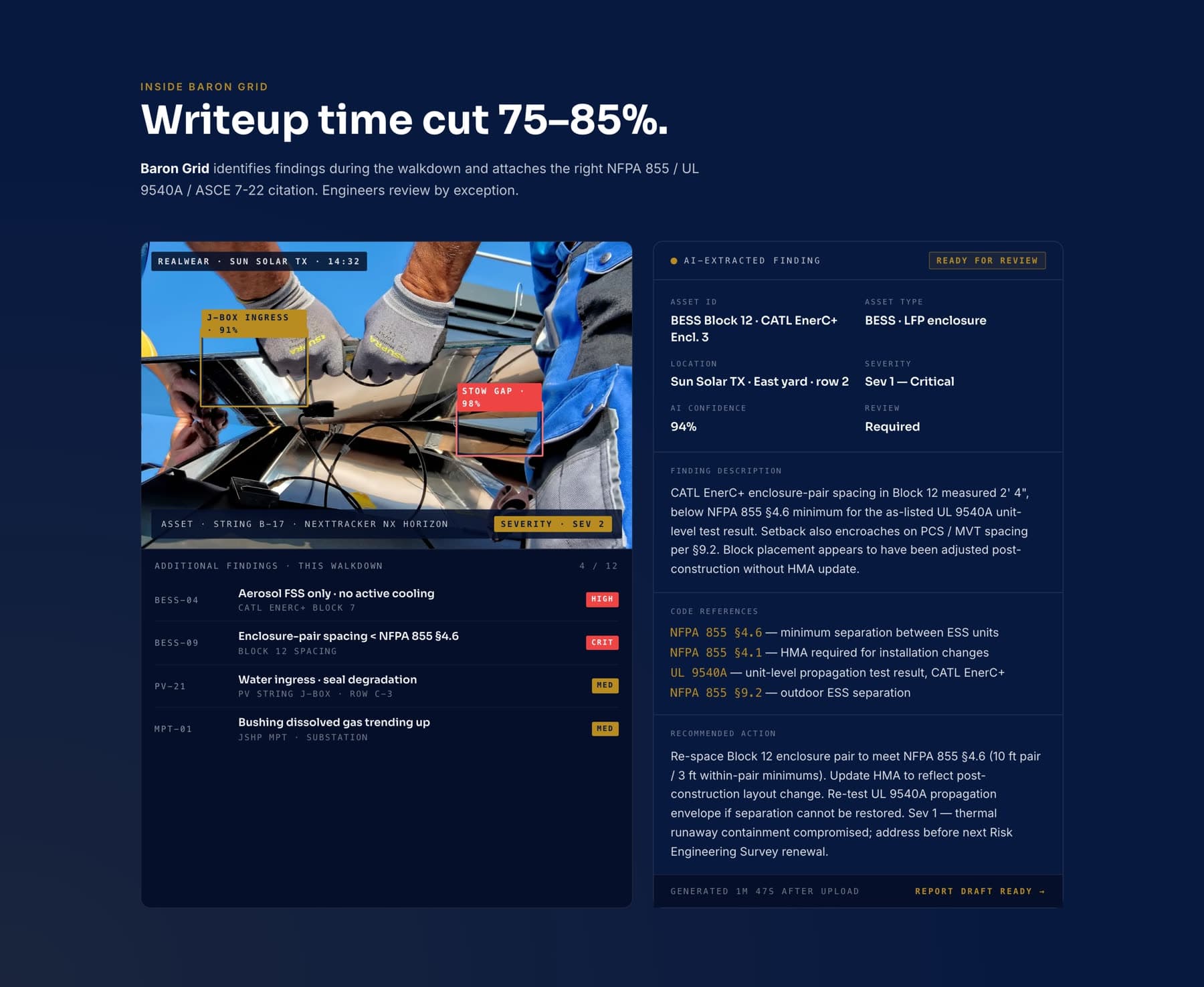 A detailed product view showing an extracted finding with its severity, confidence score, code references, and recommended action.