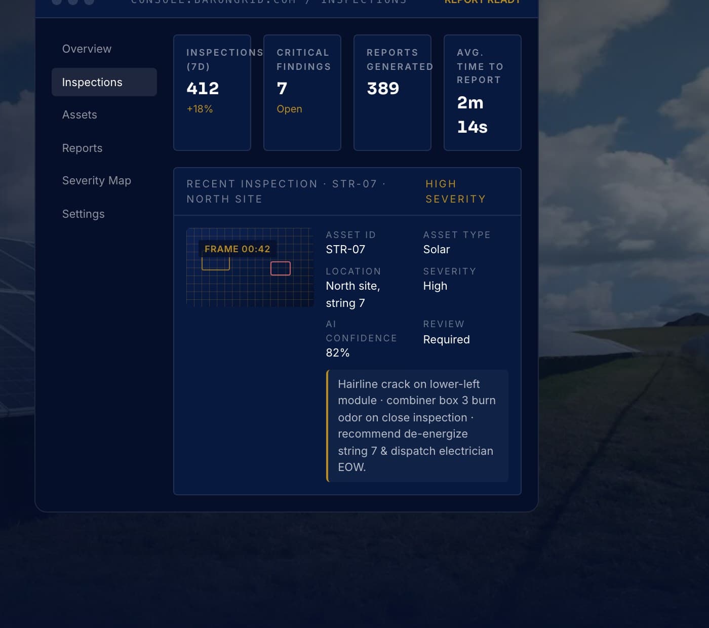 A detailed product interface designed for Baron Grid, showing an extracted inspection finding with its severity, confidence score, and code citations.