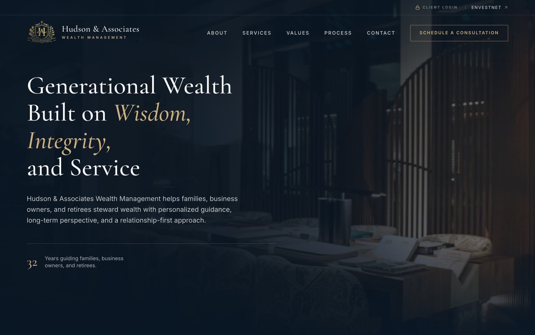 Hudson Associates Wealth homepage on desktop: a dark photographic hero with the headline 'Generational Wealth Built on Wisdom, Integrity, and Service' set in a large serif over an image of the firm's office.