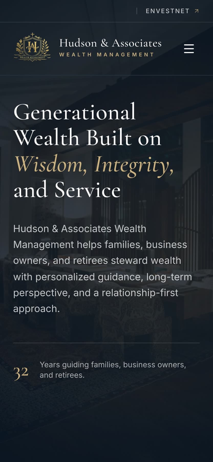 Hudson Associates Wealth homepage on a phone, with the headline re-set across four lines above the firm's introduction.